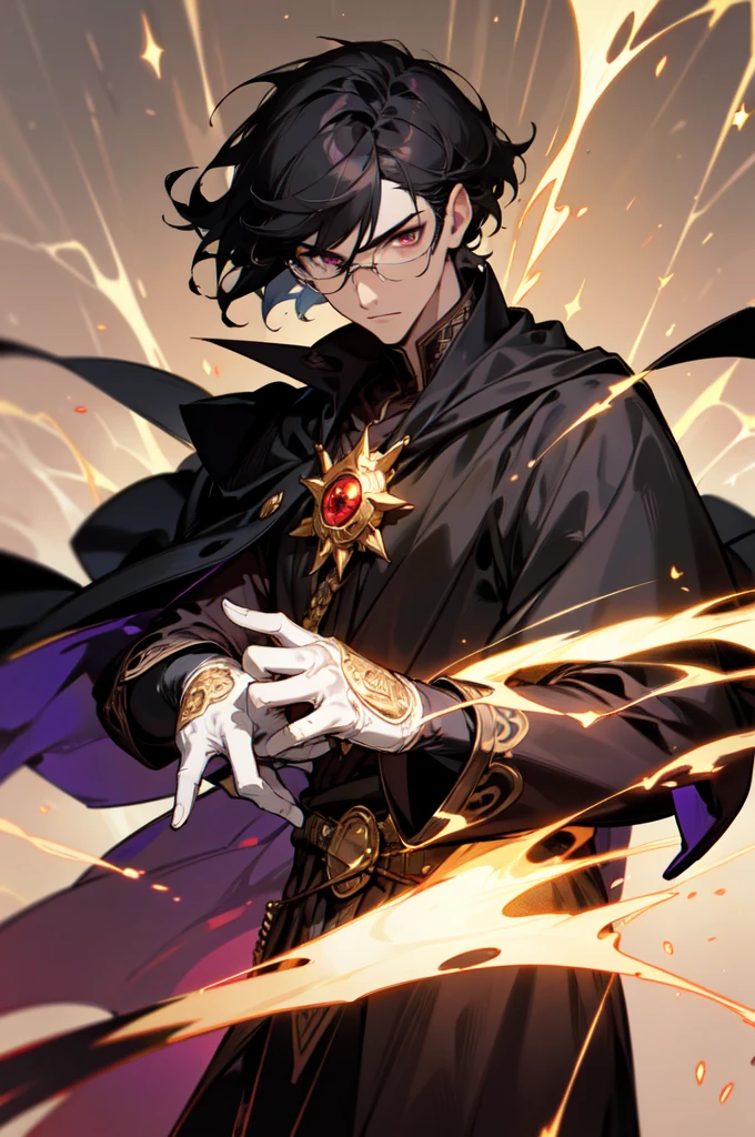 masterpiece, best quality, 1 male, young, tall muscular, handsome, finely detailed eyes, intricate details, black hair, short hair, evil face, solo, upper body, detailed dark shadow background, detailed face, good sorcerer, color magical robes, determined expression, white color scheme, dark crimson light, glowing magical runes, realistic lighting, floating particles, sparks, surrounded by gold lightning red arcane symbols, corrupted by eldritch power, bloom, glasses, gloves