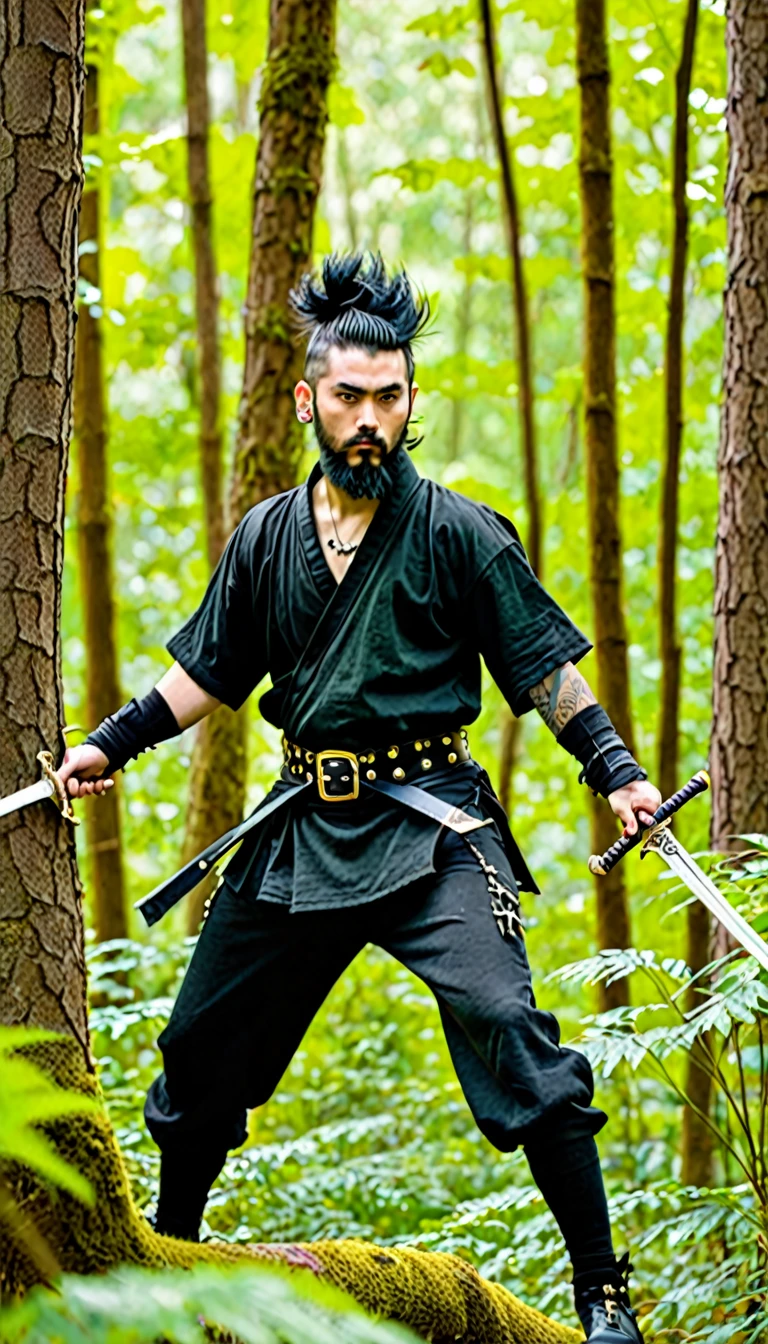 Generate an image of a guy dressed like a punk in the woods. The man had a thick black beard and black hair, decorated with a gold buckle. Its ears are large and pointed, similar to those of a fairy. He wore a serious expression and wore a black t-shirt. The person was wearing punk clothes, holding a long sword behind his back like a ninja. The background is a lush green forest with tall trees and dense foliage.
