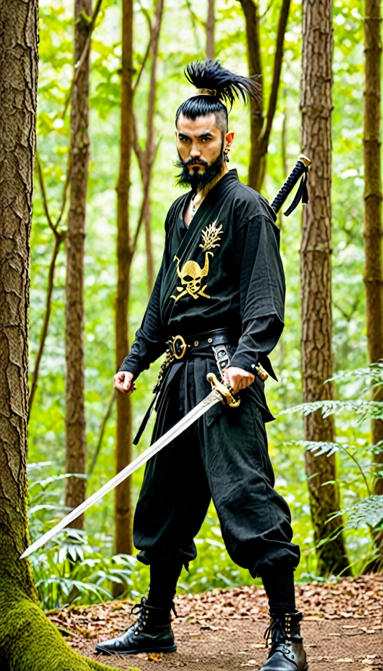 Generate an image of a guy dressed like a punk in the woods. The man had a thick black beard and black hair, decorated with a gold buckle. Its ears are large and pointed, similar to those of a fairy. He wore a serious expression and wore a black t-shirt. The person was wearing punk clothes, holding a long sword behind his back like a ninja. The background is a lush green forest with tall trees and dense foliage.