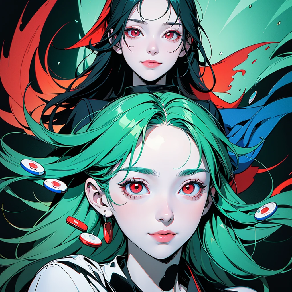 girl, holding a jar with many blue and red pharmaceutical pills, slight smile, red eyes, very pale skin, green image background and green image mask, madness and psychedelic image, various factors of madness and scrizophenia, elements of madness of the mind human, several laboratory pills floating.