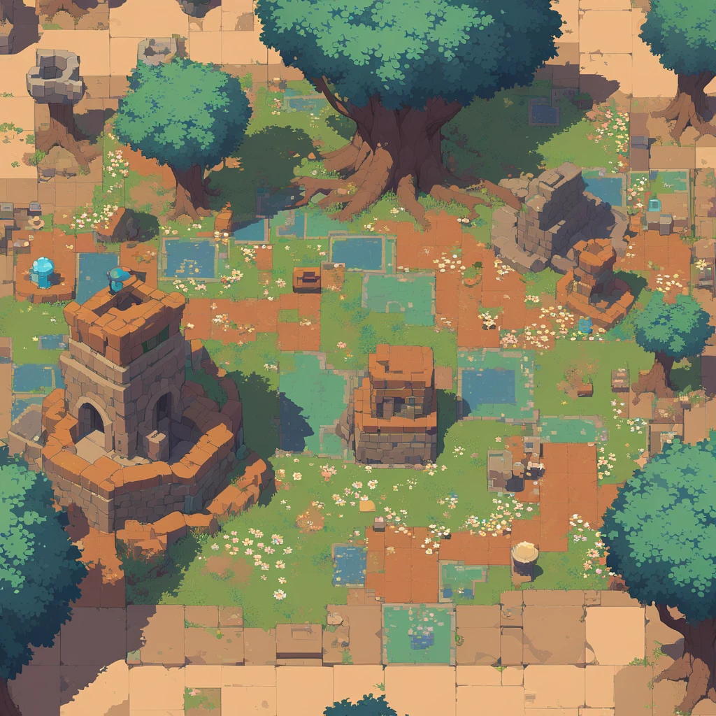 retro video game style,pixelated pastel colors,8-bit characters,blocky shapes,sharp lines,detailed shading,classic gaming vibe,nostalgic atmosphere,classic arcade games,masterpiece:1.2,ultra-detailed,illustration style, 2d texture, clay texture, stone texture, 4 k seamless mud texture, video game texture, dirt texture, tileset, game tiles, clay material, flat texture, grass, trees, rock texture, rocky ground, forest, topdown view, game texture, game art, ground very detailed, dirt, floor texture, tileable texture, flowers, bushes, shrubs, intricate ground stone, top down view, 3/4th perspective