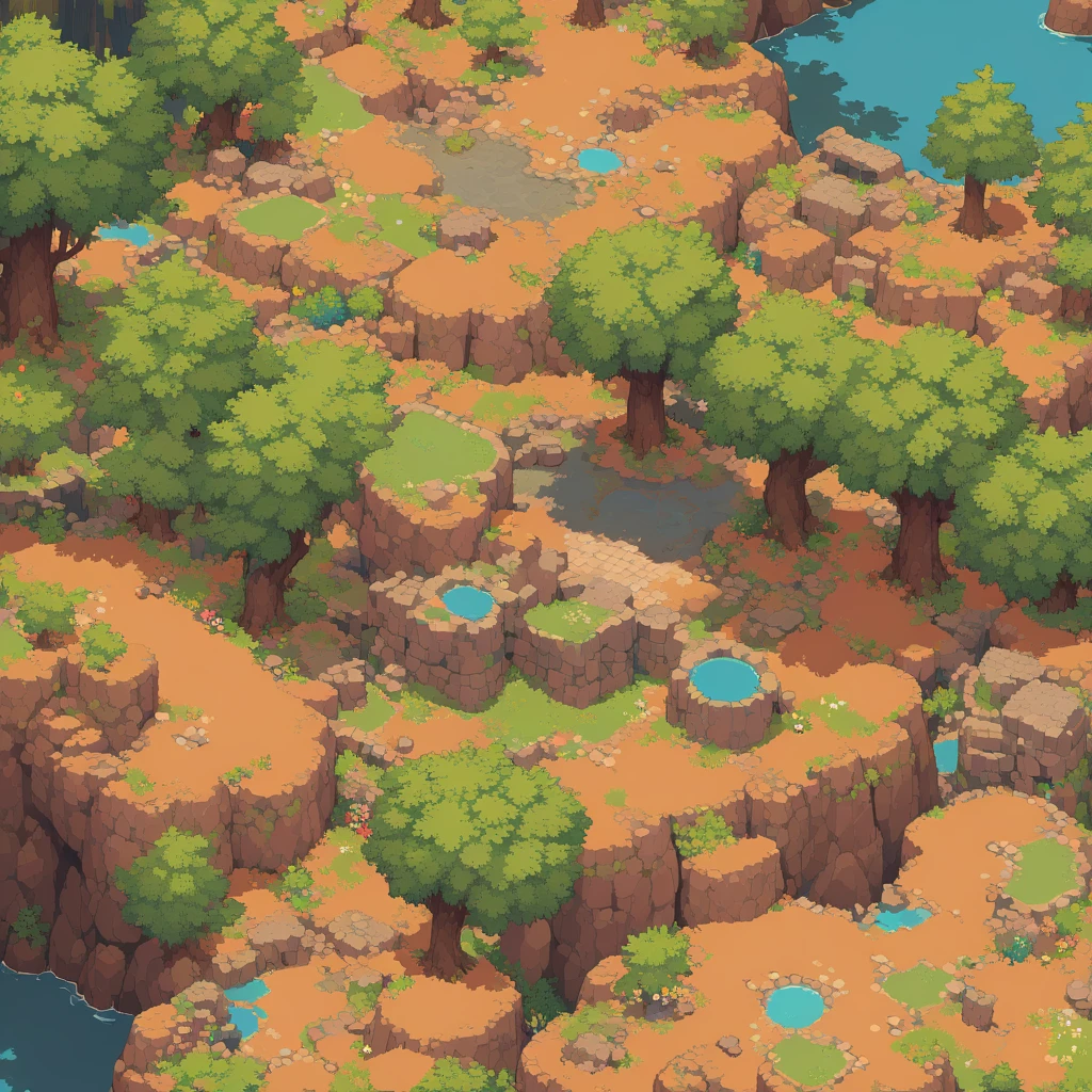 retro video game style,pixelated pastel colors,8-bit characters,blocky shapes,sharp lines,detailed shading,classic gaming vibe,nostalgic atmosphere,classic arcade games,masterpiece:1.2,ultra-detailed,illustration style, 2d texture, clay texture, stone texture, 4 k seamless mud texture, video game texture, dirt texture, tileset, game tiles, clay material, flat texture, grass, trees, rock texture, rocky ground, forest, topdown view, game texture, game art, ground very detailed, dirt, floor texture, tileable texture, flowers, bushes, shrubs, intricate ground stone, top down view, 3/4th perspective