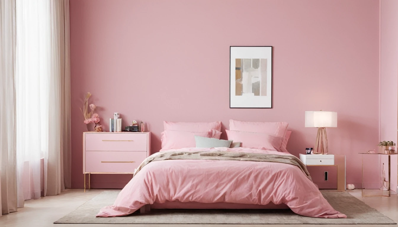 a bedroom with a pink bed