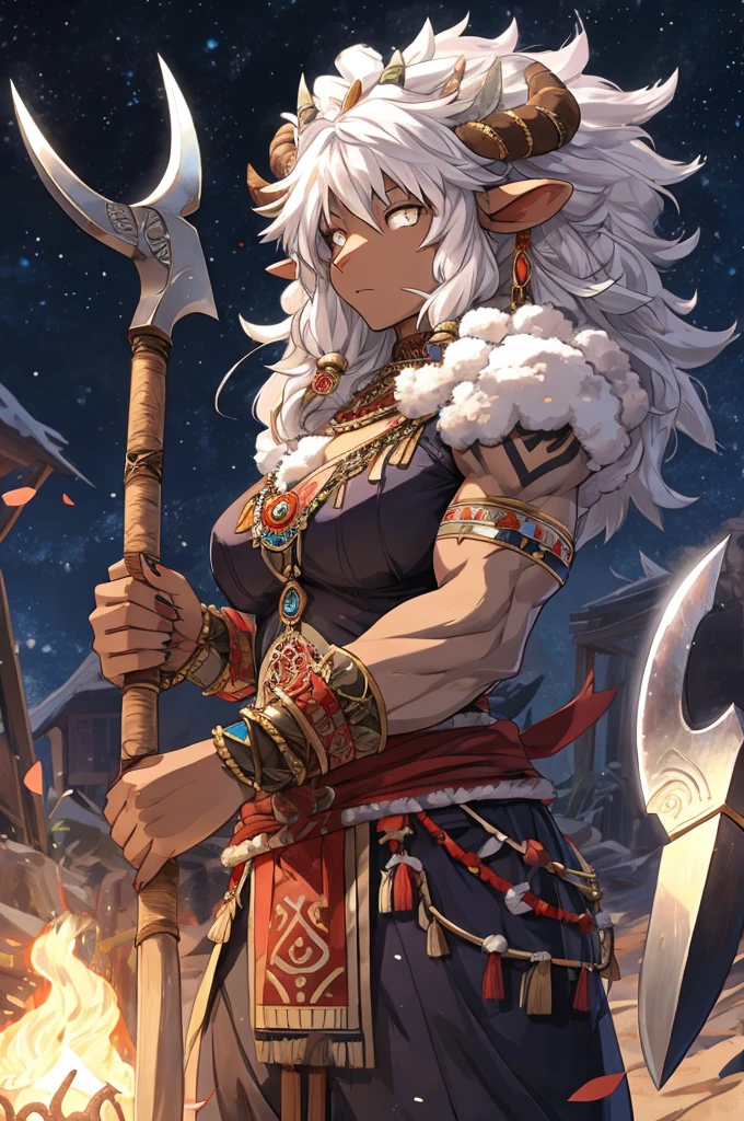 1 sheep woman, sheep's snout, shaman outfit, white hair, dark-skinned female, anime art, holding an axe with both hands, muscular female, pointed nails, messy hair, white eyes ,

