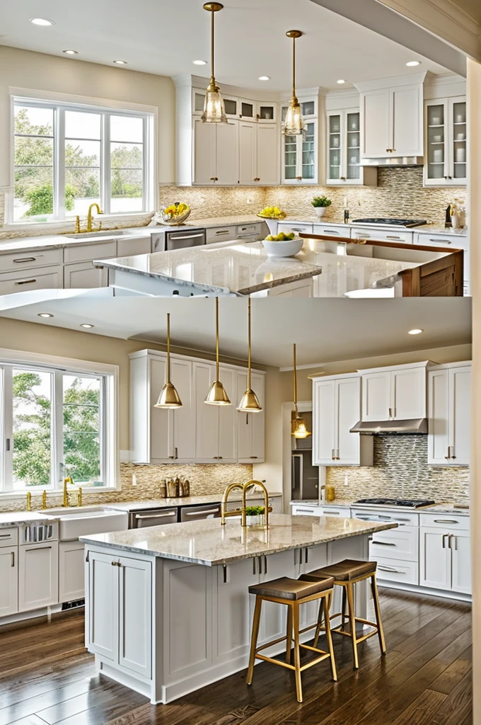 Recreate a kitchen with white shaker-style cabinets that reach the ceiling, a center island with a white quartz countertop and bar chairs with gold legs. The island has a sink and space for food preparation, with golden hanging lamps above. The walls are a light beige tone and there is a large window that lets in a lot of natural light. The appliances are stainless steel, and there are LED lights under the cabinets to illuminate work surfaces.