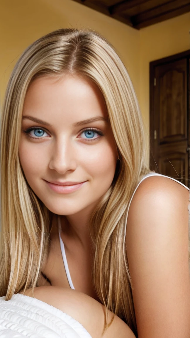 un jeune femme blonde de 20 ans hyper réaliste et ayant une grosse poitrine imposantes habillé avec un tee shirt moulant dans sa chambre, teton qui pointe, visage fin, les yeux vers la caméra, sourire sexy lumière cinématographique, (netteté), (peau mate réaliste, peau de texture réaliste, Yeux réalistes), (grain de peau visible:1.5), (haute qualité), seins enormes