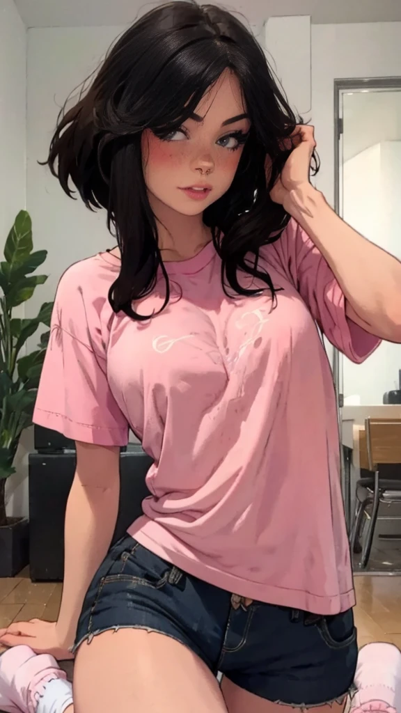 A beautiful woman, detailed eyes, Messy dark hair, during, He is wearing a pink t-shirt with a cute design., some shorts and white socks, apartmenr, front view, blush, posing, perfect hands, good anatomy