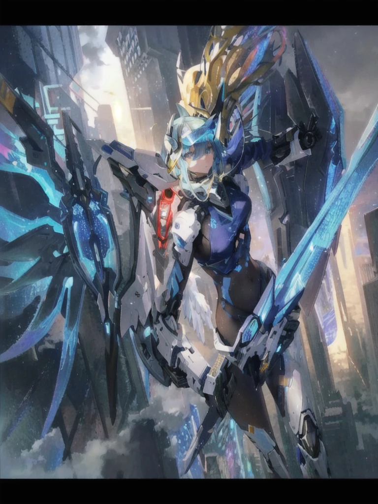 A beautiful detailed angel girl with long flowing blue hair and large blue eyes, sexy, seductive, wearing futuristic crop top body armor, mechanical wings, a black trimmed exoskeleton, flying in a futuristic white city with a clear blue visor covering the eyes, intricate details, perfect anatomy, shadows, depth of field, volumetric light, luminescent mechanical halo, embossing decoration, beautiful night sky, futuristic city background, nighttime, dim lighting, body facing viewer, spreading position,(best quality),(masterpiece:1.2)