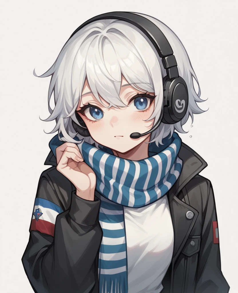 Teenage girl, short female white hair, blue colored eyes, Russian ethnicity, wearing a black and white striped blouse, Sweet wear black pants, wearing black and white striped scarf, headphone headset, cute girl, medium breasts.