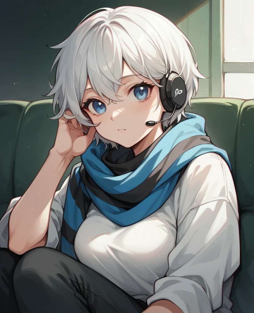 age girl, short female white hair, blue colored eyes, Russian ethnicity, wearing a black and white striped blouse, Sweet wear black pants, wearing black and white striped scarf, headphone headset, cute girl, medium breasts.