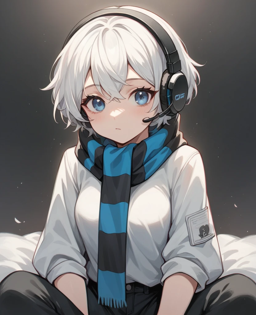 age girl, short female white hair, blue colored eyes, Russian ethnicity, wearing a black and white striped blouse, Sweet wear black pants, wearing black and white striped scarf, headphone headset, cute girl, medium breasts.