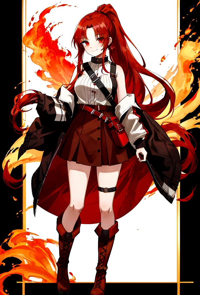 20 years old girl, long red hair, wears a ponytail, red eyes, always smiling. She dresses in an antique style, wearing a short brown skirt with black shorts underneath, ending above the knees. She wears knee-high brown boots. Her white blouse is sleeveless and features red details. She possesses fire powers and has a fire-themed background."