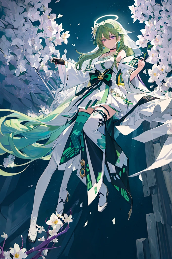 (Masterpiece, Best Quality: 1.4), white Background, Long Hair, Jewelry, Earrings, Necklace, Bride, ((green Hair)), Halo, (Overlook), Dynamic Angle, Ultra Detailed, Illustration, Close Up, Direct Look, 1girl, (Fantasy: 1.4), (Purple Eyes: 1.233), Her Eyes Shine Like Dreamy Stars, (Glow Eyes: 1.233), (Beautiful and Delicate Eyes: 1.1), (green Hair: 1.4), (Messy Hair, Very Long Hair, French braids, hair between the eyes, side hair), (+(white hair flower: 1.14)), (chiffon dress, uniform white flower pattern)/= (military uniform: 1.24), (fingerless gloves), choker, (miko thighhighs), high heeled boots, (expressionless, shut up), (standing), (white flowers, blooming),(Ruins),(Night:1.2),dreamy,Soul,(fluorescent),(Flying Translucent Blue Butterfly:1.15),[Delicate Fingers and Hands:0.55]::0.85], (Finger Detail), (Yubao:0.5),((town background)),((full body)),((turquoise hair)),green hair,((green hair)),night,near the river,Walking in the distance,
