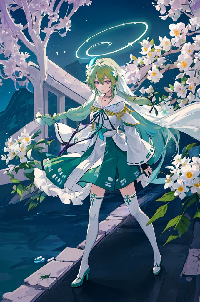(Masterpiece, Best Quality: 1.4), white Background, Long Hair, Jewelry, Earrings, Necklace, Bride, ((green Hair)), Halo, (Overlook), Dynamic Angle, Ultra Detailed, Illustration, Close Up, Direct Look, 1girl, (Fantasy: 1.4), (Purple Eyes: 1.233), Her Eyes Shine Like Dreamy Stars, (Glow Eyes: 1.233), (Beautiful and Delicate Eyes: 1.1), (green Hair: 1.4), (Messy Hair, Very Long Hair, French braids, hair between the eyes, side hair), (+(white hair flower: 1.14)), (chiffon dress, uniform white flower pattern)/= (military uniform: 1.24), (fingerless gloves), choker, (miko thighhighs), high heeled boots, (expressionless, shut up), (standing), (white flowers, blooming),(Ruins),(Night:1.2),dreamy,Soul,(fluorescent),(Flying Translucent Blue Butterfly:1.15),[Delicate Fingers and Hands:0.55]::0.85], (Finger Detail), (Yubao:0.5),((town background)),((full body)),((turquoise hair)),green hair,((green hair)),night,near the river,Walking in the distance,