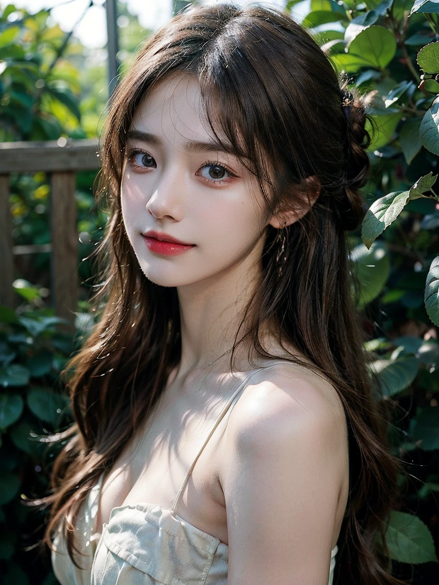 1girl, (looking at viewer:1.2), detail face, (a girl standing, rending on cgsociety, Rose bush backdrop), romanticism, atmospheric, (RAW photo, best quality), (realistic, photo-realistic:1.3), masterpiece, an extremely delicate and beautiful, extremely detailed, D cup,Cleavage,Translucent brown tube top 1.5)Hair in a bun,Small and delicate earrings,Exquisite eye details,Coy Toothy Smile1.5