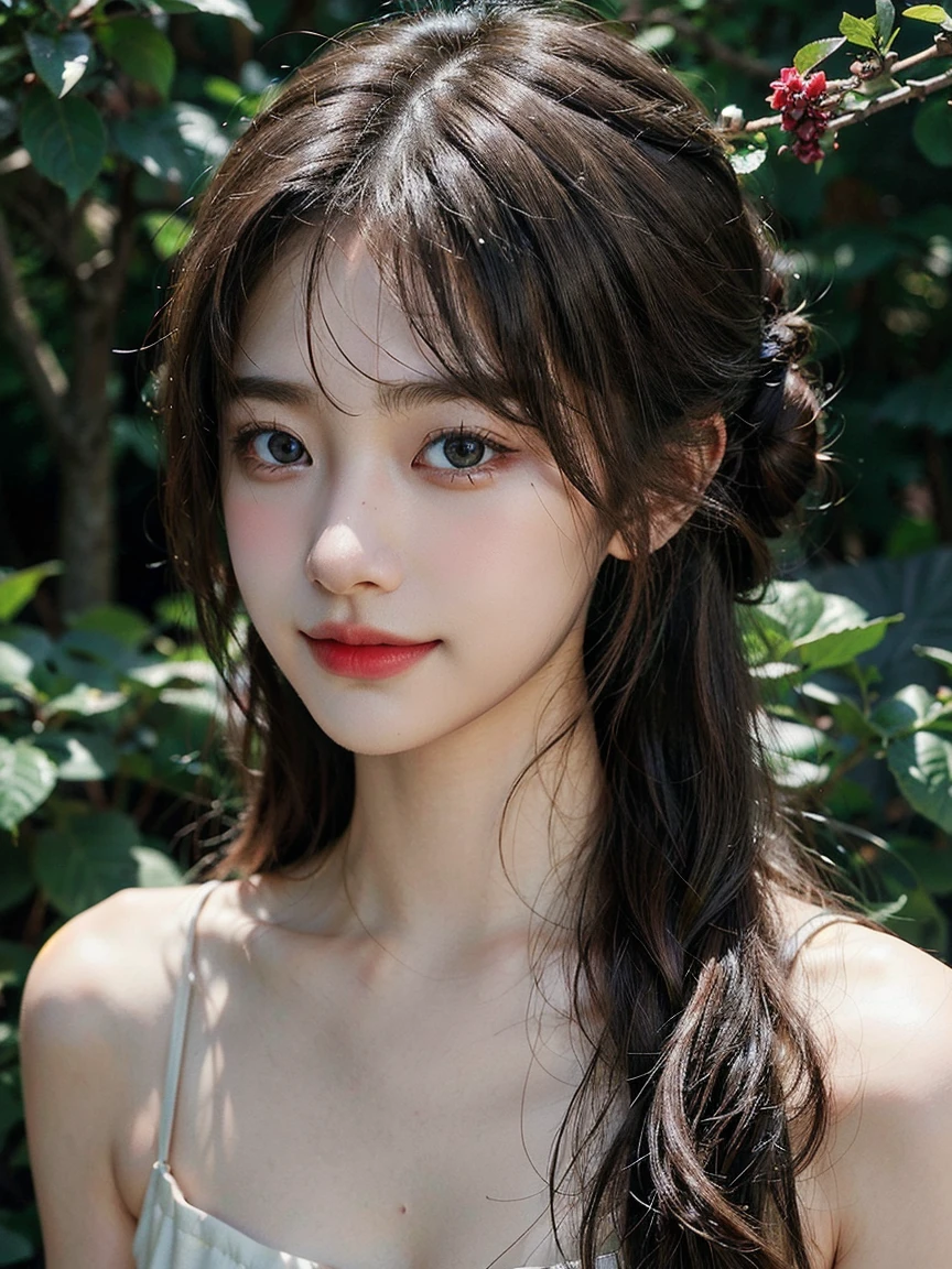 1girl, (looking at viewer:1.2), detail face, (a girl standing, rending on cgsociety, Rose bush backdrop), romanticism, atmospheric, (RAW photo, best quality), (realistic, photo-realistic:1.3), masterpiece, an extremely delicate and beautiful, extremely detailed, D cup,Cleavage,Translucent brown tube top 1.5)Hair in a bun,Small and delicate earrings,Exquisite eye details,Coy Toothy Smile1.5