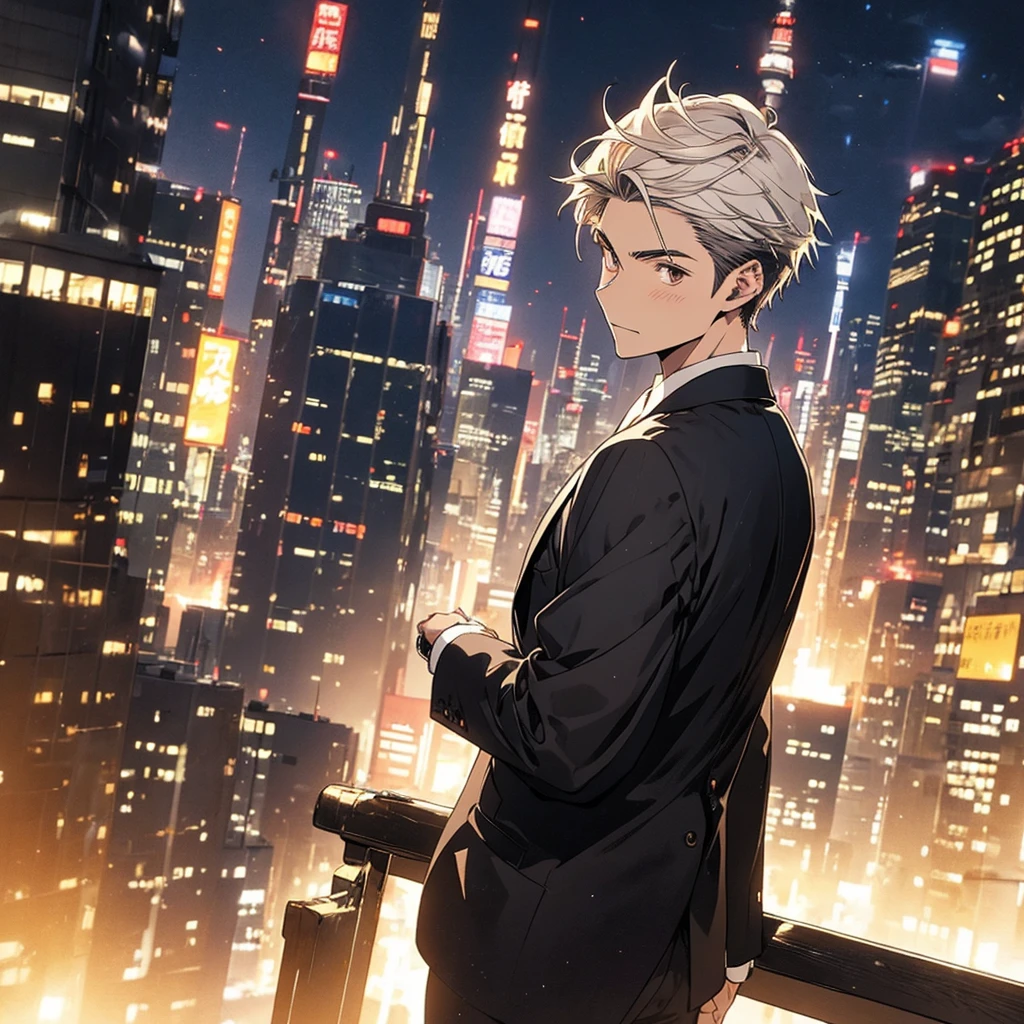 With anime style illustrations A working man appeared, with brown eyes and short Smoky white hair. wearing a black suit Posing with back looking out, half body image, city background at night. Look back.