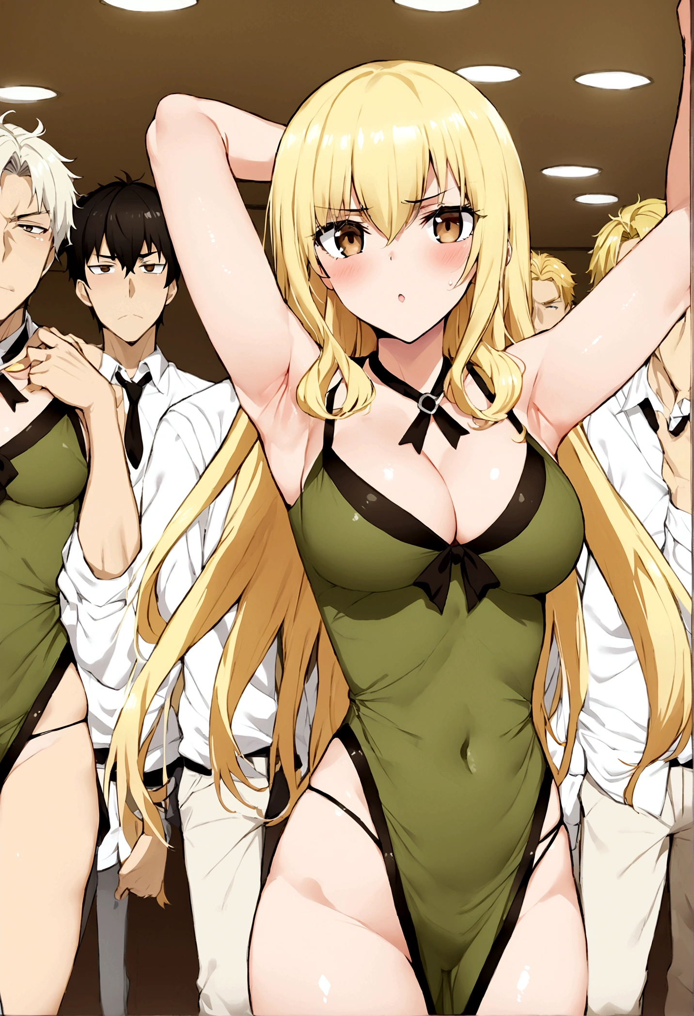 please illustrates a picture of a classroom filled with only sexy and hard-on boys. and only one girl in the middle of all the boys, the girl is blonde with long hair and brown eyes