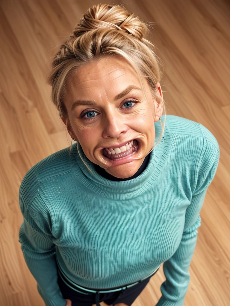 photo of a skinny very old wrinkly-faced faced mature blonde messy long hair thrown into a messy bun ponytail. She wears: (turtleneck soft high ribbed turtleneck turquoise sweater:1.1), submissive seductive pose, high tight ribbed neck, seductive smile, perfect fake tits, horny eager granny, teasing sexy old lady, mouth retractor gag