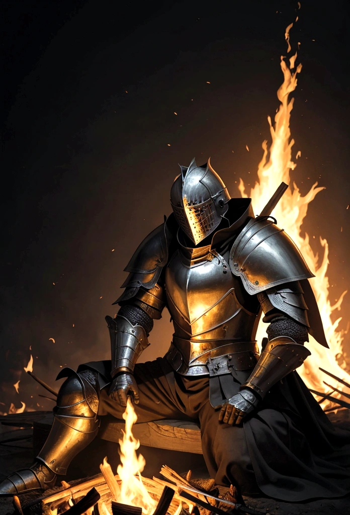 a knight resting in bonfire, high quality, masterpiece,, amazing lighting, illustration, cinematic light:1.1, perfect shading