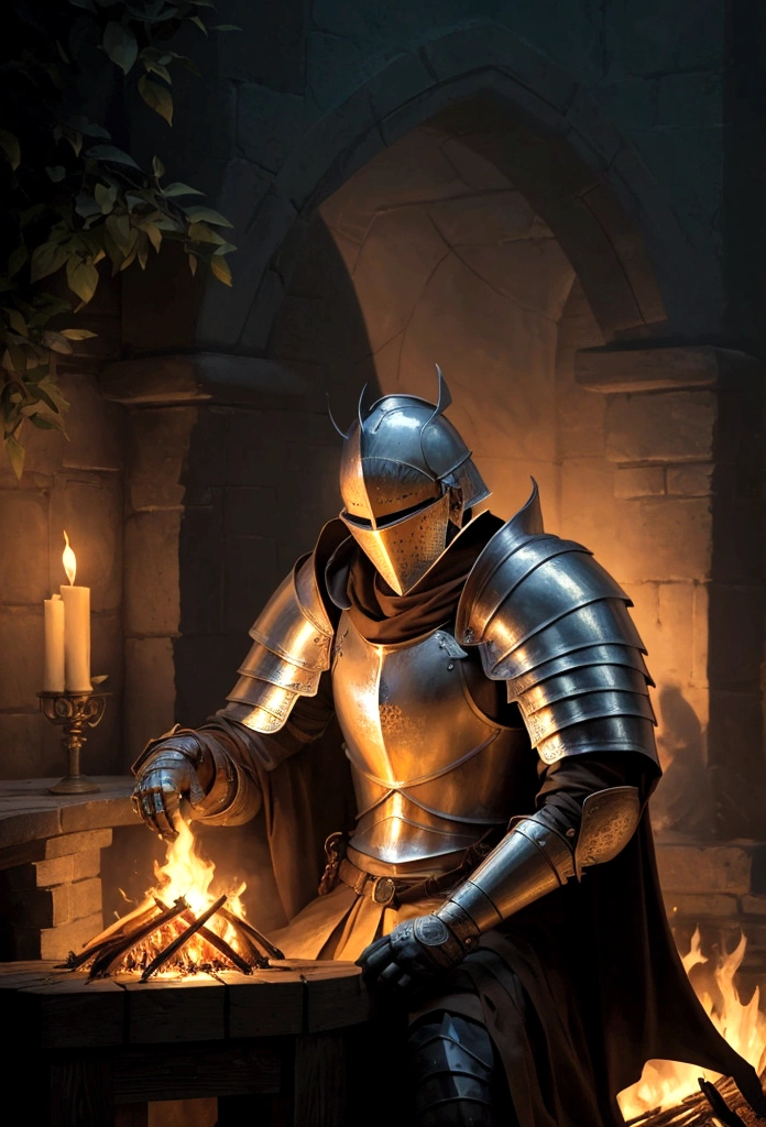 a knight resting in bonfire, high quality, masterpiece,, amazing lighting, illustration, cinematic light:1.1, perfect shading