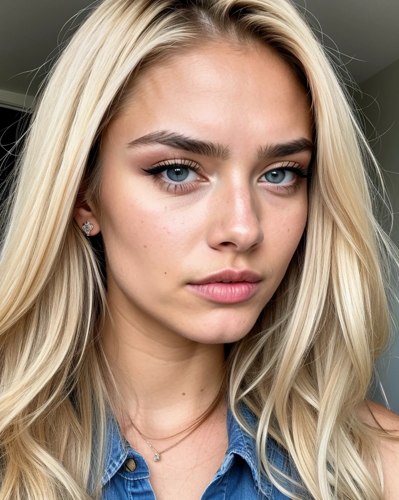 One girl, very pretty, 20 years old, tanned, long hair, blonde hair, blue eyes, sharp eyebrows, slim, realistic, cleavage, Instagram, influencer, cute, posing, wearing clothes, high-res, ultra-detailed, vivid colors, professional lighting, pouting, moody expression, textured skin, textured face, high quality face, detailed face, detailed skin