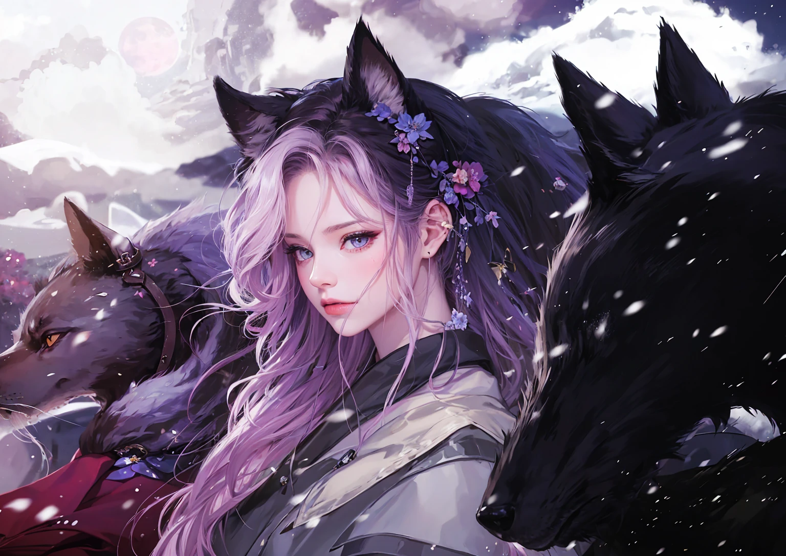 masterpiece, best quality, high quality, highres, ultra highres, wolf, wolf ear, snowing, nekomimi, kimono, flower hair ornament, wolfs, animal, full moon, cloudy, windy