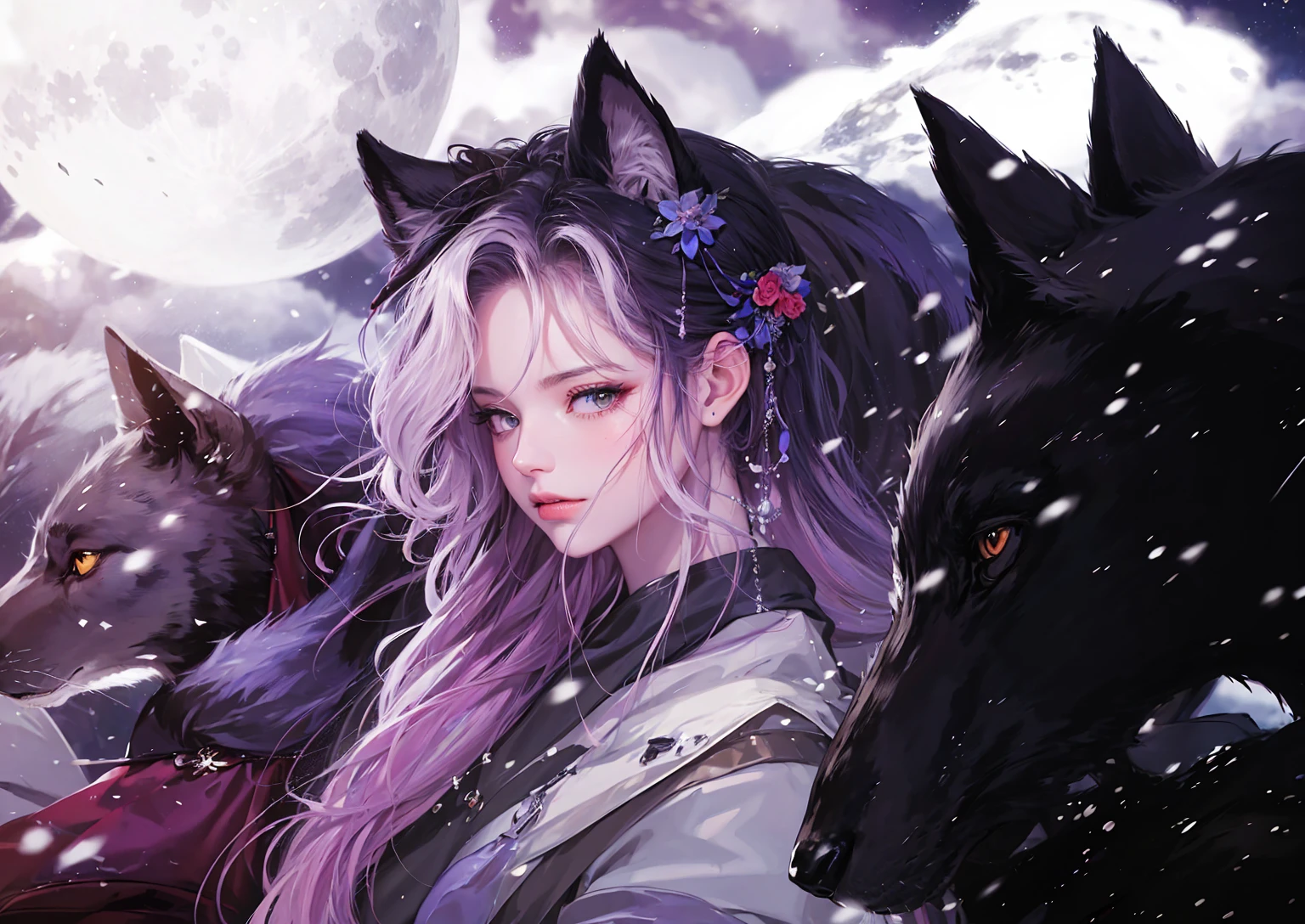 masterpiece, best quality, high quality, highres, ultra highres, wolf, wolf ear, snowing, nekomimi, kimono, flower hair ornament, wolfs, animal, full moon, cloudy, windy
