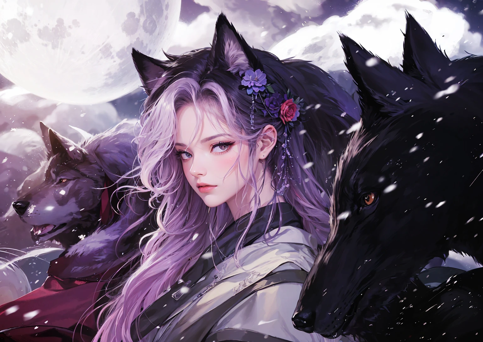 masterpiece, best quality, high quality, highres, ultra highres, wolf, wolf ear, snowing, nekomimi, kimono, flower hair ornament, wolfs, animal, full moon, cloudy, windy