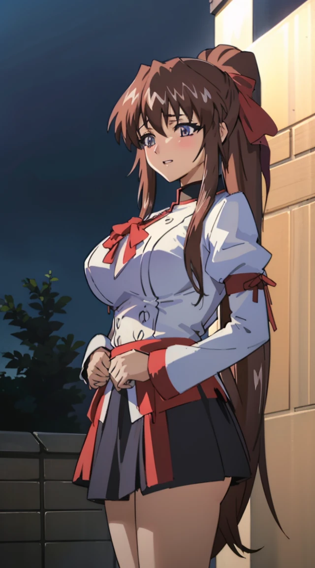 shrine maiden's ceremonial dress,Large Breasts,One girl, alone,(Mature Woman), (((Mature Woman,Adult female))),masterpiece, Highest quality, Ultra high definition, Maximum resolution, Very detailed, Beautiful Skin, anime, thin, Very sexy,Black Hair, (mini skirt),At the shrine,Happy,blush,String,Long ponytail,At night,See through,Long Hair,teeth