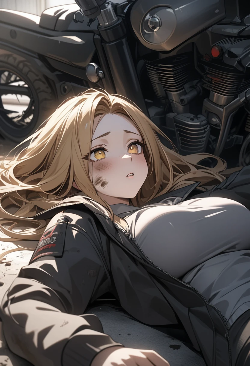 Golden hair, golden eyes with black pupils, woman , big ?????, motorcycle goggles, focused on motorcycle, working on vehicle, working under motorcycle, laying down on back, dirty, garage, zombie apocalypse, tattered black streetwear, highly detailed, perfect eyes, well defined eyes, highly detailed eyes, expressive eyes, best quality