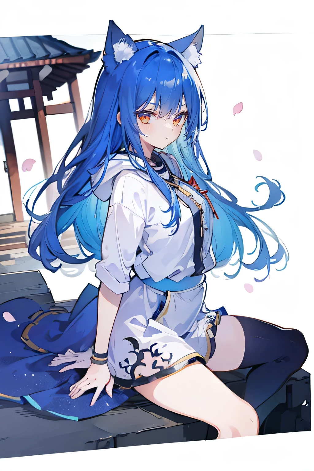 (masterpiece:1.2),Super detailed,lifelike,Expressive eyes,fair skin,perfect face shape,1 girl,
Japanese comics,Gorgeous blue hair,flowing blue hair,flowing clothes,Cat ears,Petals fall,beautiful lola,Baby Angel,
Shaking head with one hand,Cross your legs,Gentle and peaceful background,The pavilion is cool and comfortable,smile, wearing hoodie, background of tokyo,back views.