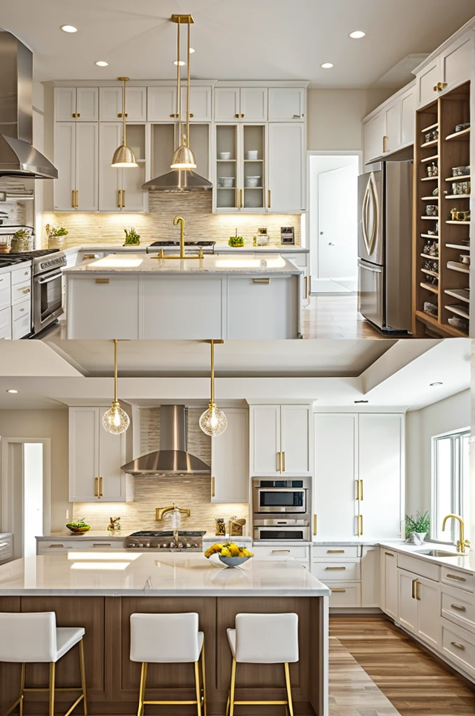 Recreate a kitchen with white shaker-style cabinets that reach the ceiling, a center island with a white quartz countertop and bar chairs with gold legs. The island has a sink and space for food preparation, with golden hanging lamps above. The walls are a light beige tone and there is a large window that lets in a lot of natural light. The appliances are stainless steel, and there are LED lights under the cabinets to illuminate work surfaces.