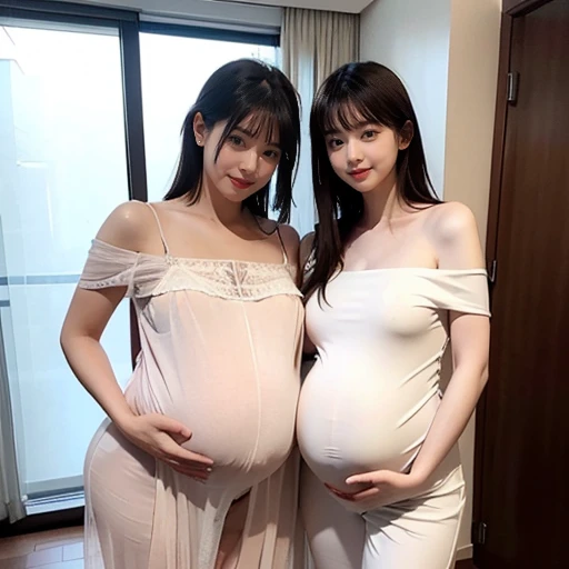 2 women,Mom and mother-in-law,35 years old,人妻 A pregnant woman,pregnant,pregnant,pregnant with twins,10 pregnant,Pretty Face,Sexy body,Long hair,Wearing a white transparent off-shoulder dress,Sexy pajamas