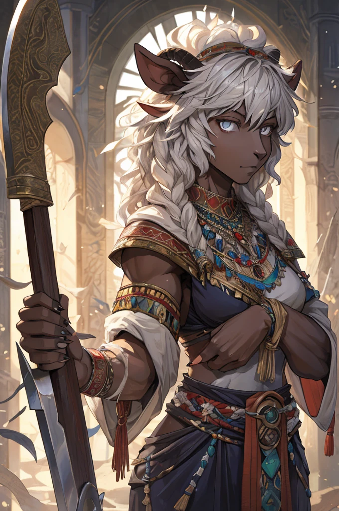 1 sheep woman, sheep's snout, shaman outfit, white hair, dark-skinned female, anime art, holding an axe with both hands, muscular female, pointed nails, messy hair, white eyes, perfect eyes, original, (masterpiece), (illustration), (extremely fine and beautiful), perfect detailed, photorealistic, (beautiful and clear background:1.25), (depth of field:0.7)
