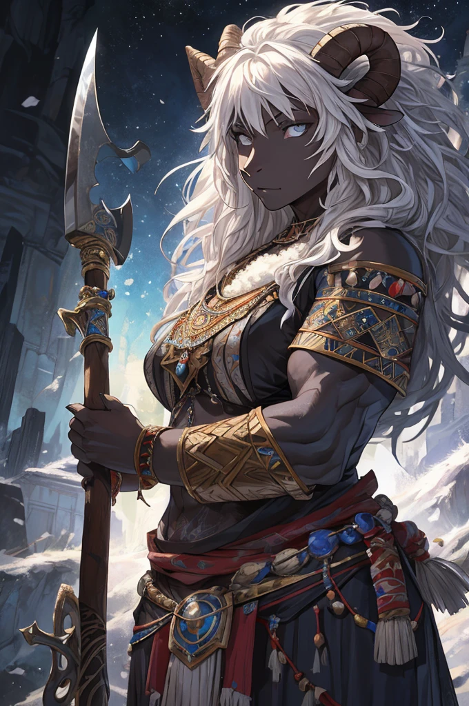 1 sheep woman, sheep's snout, shaman outfit, white hair, dark-skinned female, anime art, holding an axe with both hands, muscular female, pointed nails, messy hair, white eyes, perfect eyes, original, (masterpiece), (illustration), (extremely fine and beautiful), perfect detailed, photorealistic, (beautiful and clear background:1.25), (depth of field:0.7)