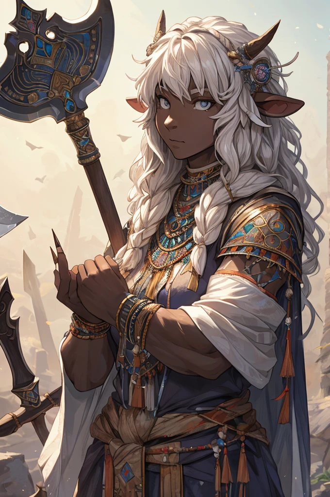 1 sheep woman, sheep's snout, shaman outfit, white hair, dark-skinned female, anime art, holding an axe with both hands, muscular female, pointed nails, messy hair, white eyes, perfect eyes, original, (masterpiece), (illustration), (extremely fine and beautiful), perfect detailed, photorealistic, (beautiful and clear background:1.25), (depth of field:0.7)