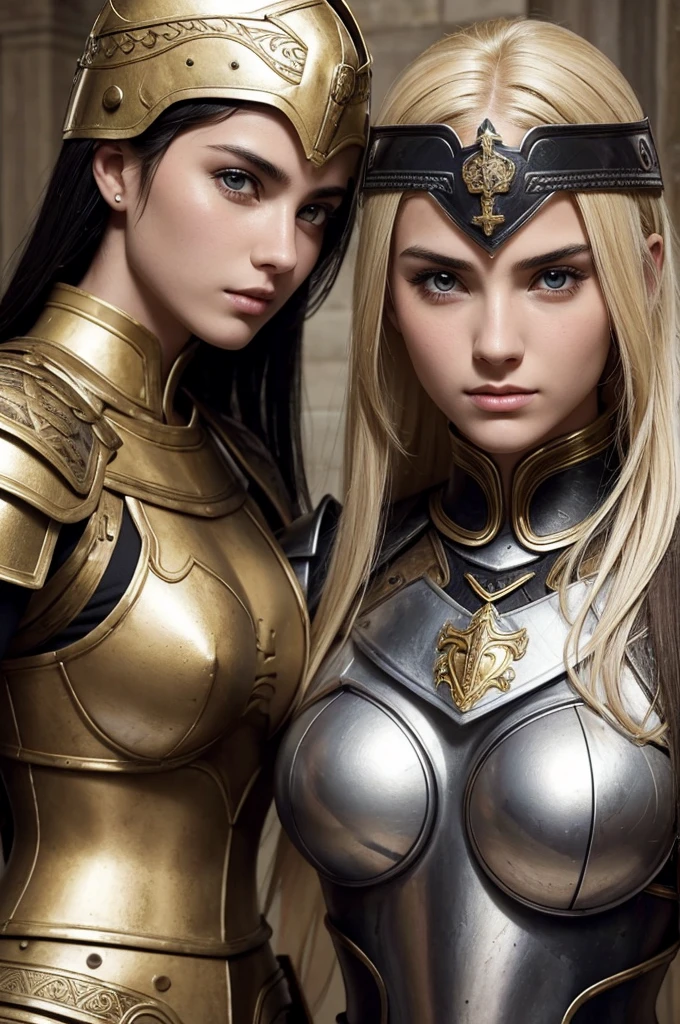 two sisters, womans break: catholics, black hair and blonde perfect face, detailed face, warriors roman, using sexy armor , soft lesbians break: catholics, black hair and blondeperfect face, detailed face, warriors roman, using sexy armor , soft