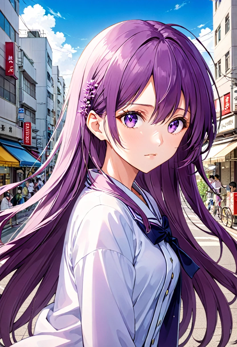 a anime girl with long hair and purple eyes, a colorized photo by Rei Kamoi, trending on pixiv, remodernism, official art, ultra detailed, anime