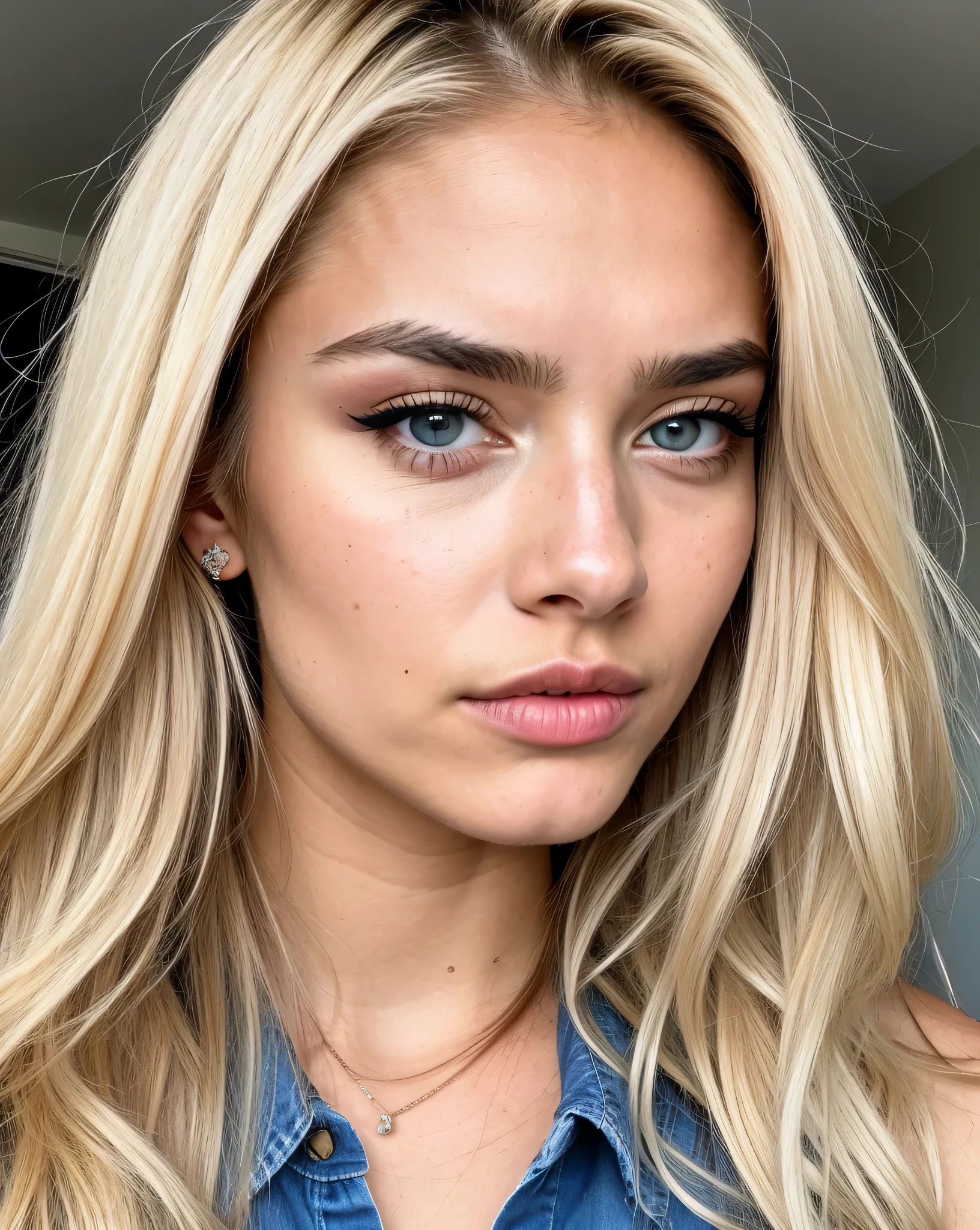 One girl, very pretty, 20 years old, tanned, long hair, blonde hair, blue eyes, sharp eyebrows, slim, realistic, cleavage, Instagram, influencer, cute, posing, wearing clothes, high-res, ultra-detailed, vivid colors, professional lighting, pouting, moody expression, textured skin, textured face, high quality face, detailed face, detailed skin