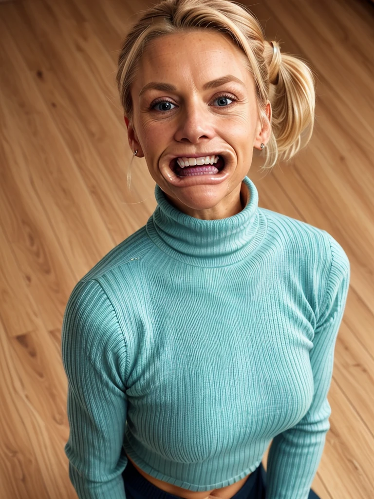 photo of a skinny very old wrinkly-faced faced mature blonde messy long hair thrown into a messy bun ponytail. She wears: (turtleneck soft high ribbed turtleneck turquoise sweater:1.1), submissive seductive pose, high tight ribbed neck, seductive smile, perfect fake tits, horny eager granny, teasing sexy old lady, mouth retractor gag