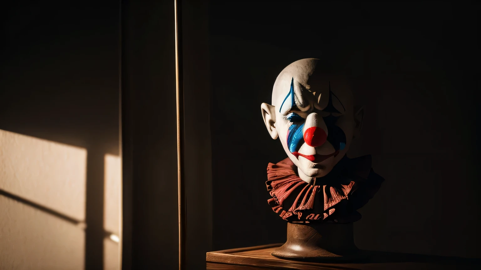 A sad clown sculpture in a dim lighit stand on a dark room.
