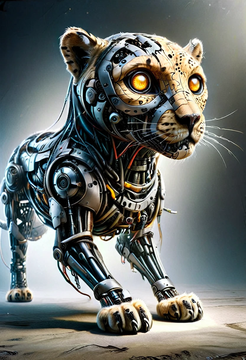 ((a robotic cheetah:1.5, metal cheetah body and face:1.5 with cheetah spots:1.5, neon lights on its body, cables, robotic mechanisms, dynamic and crouching pose, perfect anatomy:1.5)), (best quality, 4k, 8k, high resolution, masterpiece: 1.2), ultra detailed, (realistic, photorealistic, photorealistic: 1.37), cinematic lighting, highly detailed mechanical parts, dynamic action pose, elegant metallic texture, neon reflections bright, complex robotic features, advanced technology, futuristic cyberpunk, vibrant color palette