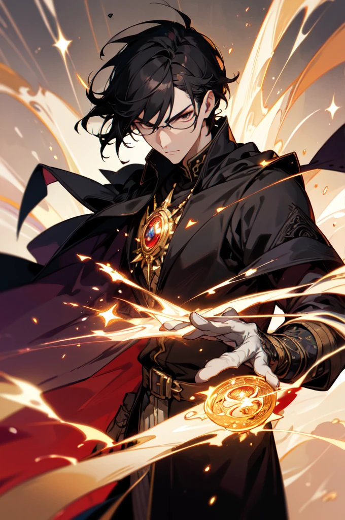 masterpiece, best quality, 1 male, young, tall muscular, handsome, finely detailed eyes, intricate details, black hair, short hair, evil face, solo, upper body, detailed dark shadow background, detailed face, good sorcerer, color magical robes, determined expression, white color scheme, dark crimson light, glowing magical runes, realistic lighting, floating particles, sparks, surrounded by gold lightning red arcane symbols, corrupted by eldritch power, bloom, glasses, gloves