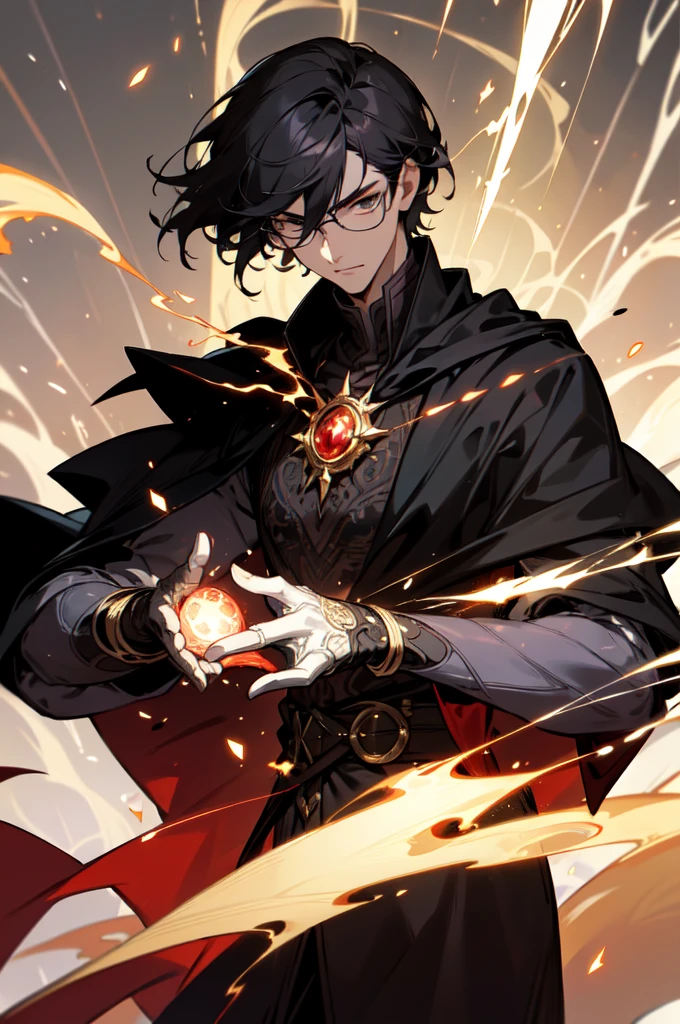 masterpiece, best quality, 1 male, young, tall muscular, handsome, finely detailed eyes, intricate details, black hair, short hair, evil face, solo, upper body, detailed dark shadow background, detailed face, good sorcerer, color magical robes, determined expression, white color scheme, dark crimson light, glowing magical runes, realistic lighting, floating particles, sparks, surrounded by gold lightning red arcane symbols, corrupted by eldritch power, bloom, glasses, gloves