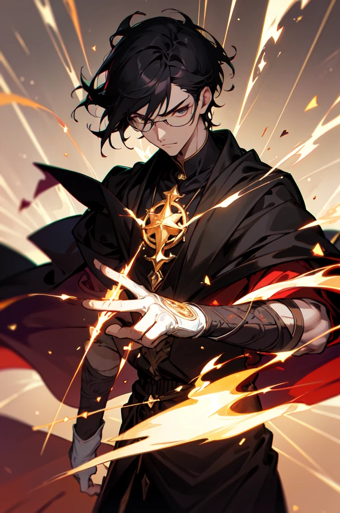 masterpiece, best quality, 1 male, young, tall muscular, handsome, finely detailed eyes, intricate details, black hair, short hair, evil face, solo, upper body, detailed dark shadow background, detailed face, good sorcerer, color magical robes, determined expression, white color scheme, dark crimson light, glowing magical runes, realistic lighting, floating particles, sparks, surrounded by gold lightning red arcane symbols, corrupted by eldritch power, bloom, glasses, gloves