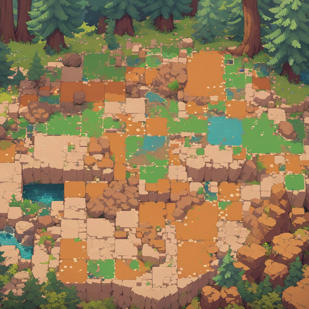 retro video game style,pixelated, anime colors,8-bit characters,blocky shapes,sharp lines,detailed shading,classic gaming vibe,nostalgic atmosphere,classic arcade games,masterpiece:1.2,ultra-detailed,illustration style, 2d texture, clay texture, stone texture, 4 k seamless mud texture, video game texture, dirt texture, tileset, game tiles, clay material, flat texture, grass, trees, rock texture, rocky ground, forest, topdown view, game texture, game art, ground very detailed, dirt, floor texture, tileable texture, flowers, bushes, shrubs, intricate ground stone, top down view, 3/4th perspective