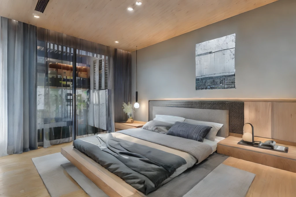 Bedroom space in modern style, wabisabi architecture , wall with effect paint , natural light , Gray-white tone wooden floor, Plasterboard ceiling with effect paint