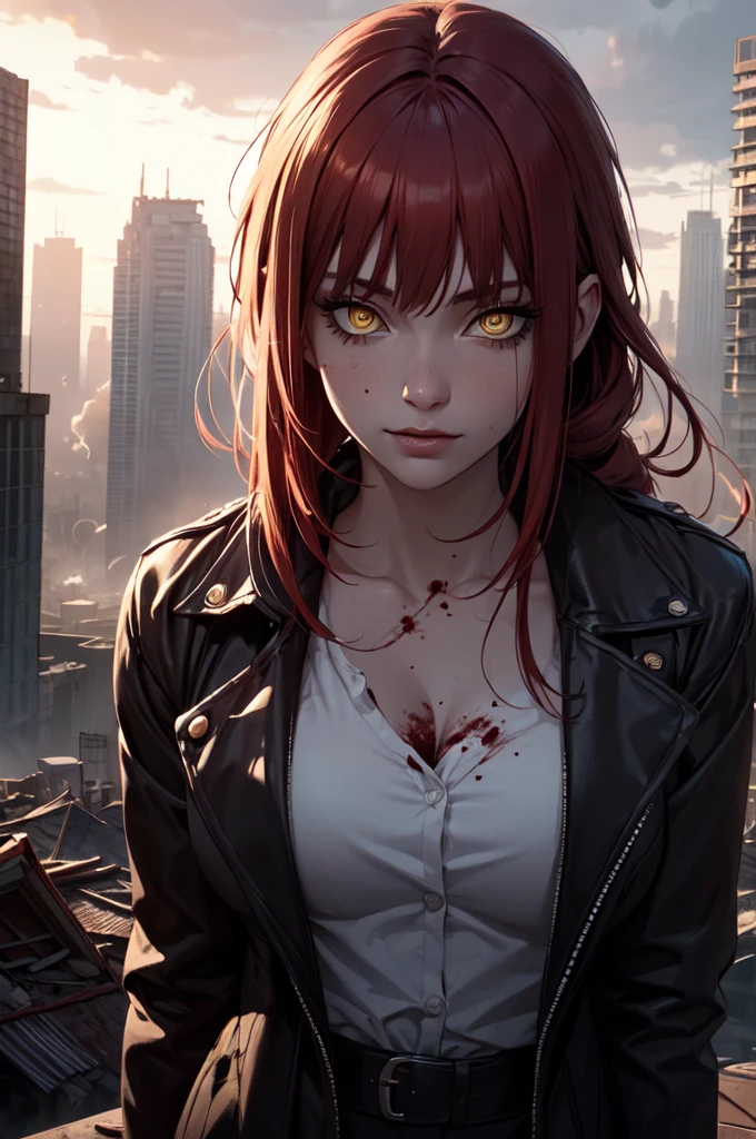 (detailed,realistic) Makima from Chainsaw Man, beautiful detailed yellow eyes, beautiful detailed lips, long eyelashes, flowing red hair, intense gaze, confident smile, holding a blood-soaked sword, surrounded by a dark and twisted aura, standing on a rooftop in a post-apocalyptic city, with buildings in ruins and smoke rising in the background, dramatic lighting casting deep shadows and highlighting the details on her face and the textures of her clothes, creating a captivating and powerful atmosphere.