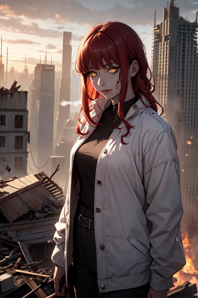 (detailed,realistic) Makima from Chainsaw Man, beautiful detailed yellow eyes, beautiful detailed lips, long eyelashes, flowing red hair, intense gaze, confident smile, holding a blood-soaked sword, surrounded by a dark and twisted aura, standing on a rooftop in a post-apocalyptic city, with buildings in ruins and smoke rising in the background, dramatic lighting casting deep shadows and highlighting the details on her face and the textures of her clothes, creating a captivating and powerful atmosphere.